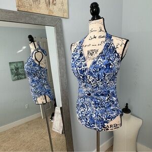 Ralph Lauren One Piece Bathing Suit Floral Padded Swim Blue US Size 12